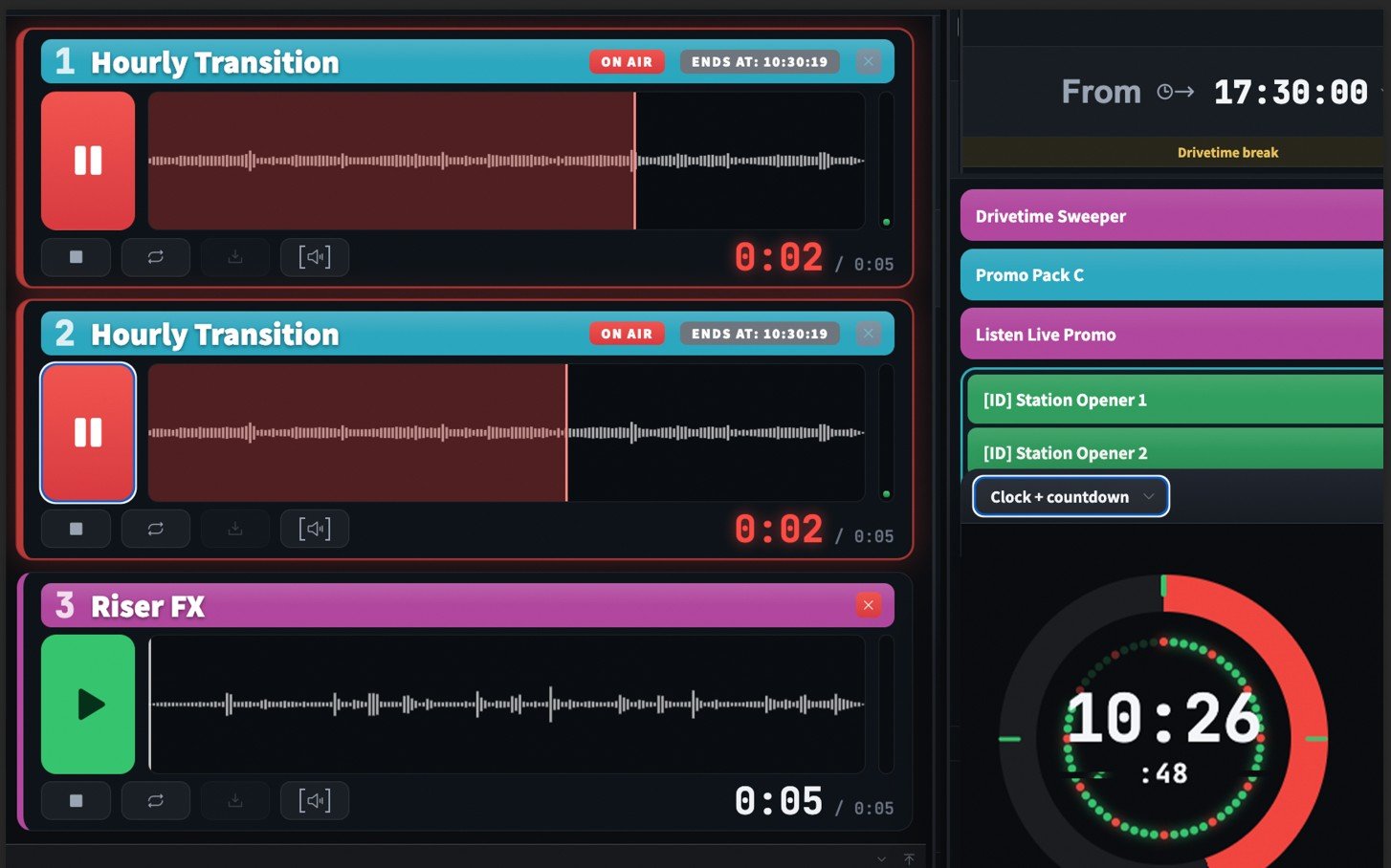 Jingle Cart: two carts on air with waveforms, scheduled block and clock + countdown