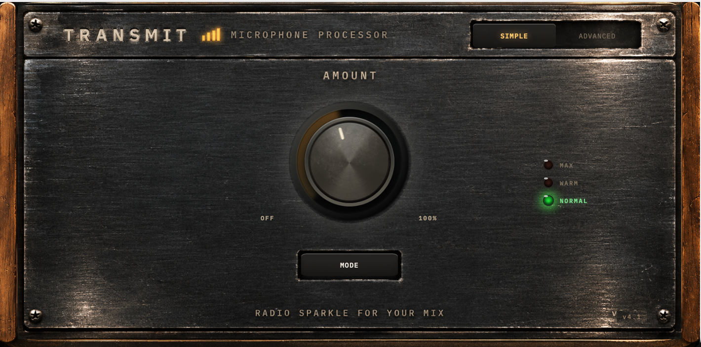 TRANSMIT microphone processor, SIMPLE panel with the single AMOUNT knob